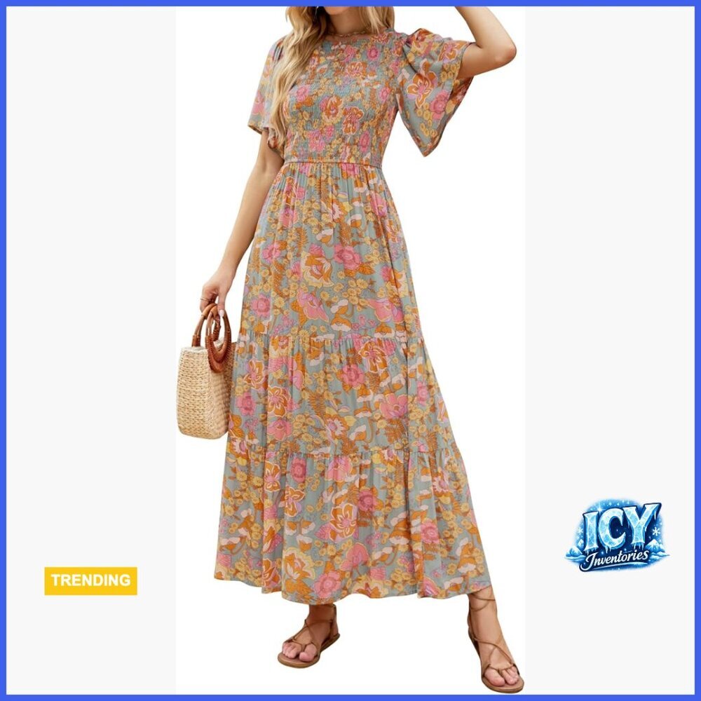 Floral Print Short Flutter Sleeve Smocked Maxi Dress